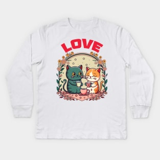Kawaii Cats Tea Drinking Spree Kids Long Sleeve T-Shirt
